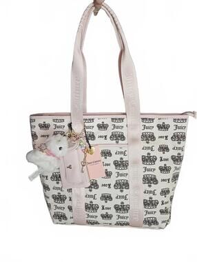 Juicy Couture Large Festival Tote Cream Pink Crown Print Charm Bag NWT